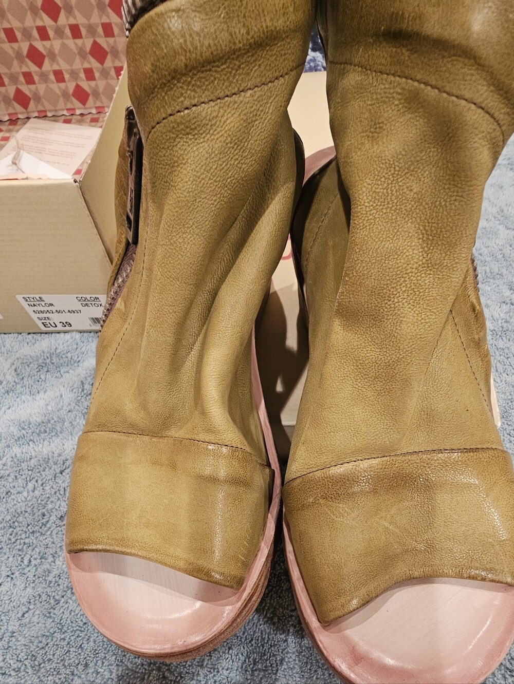 A.S.98 Olive Green Leather Open-Toe Booties with Tan Soles